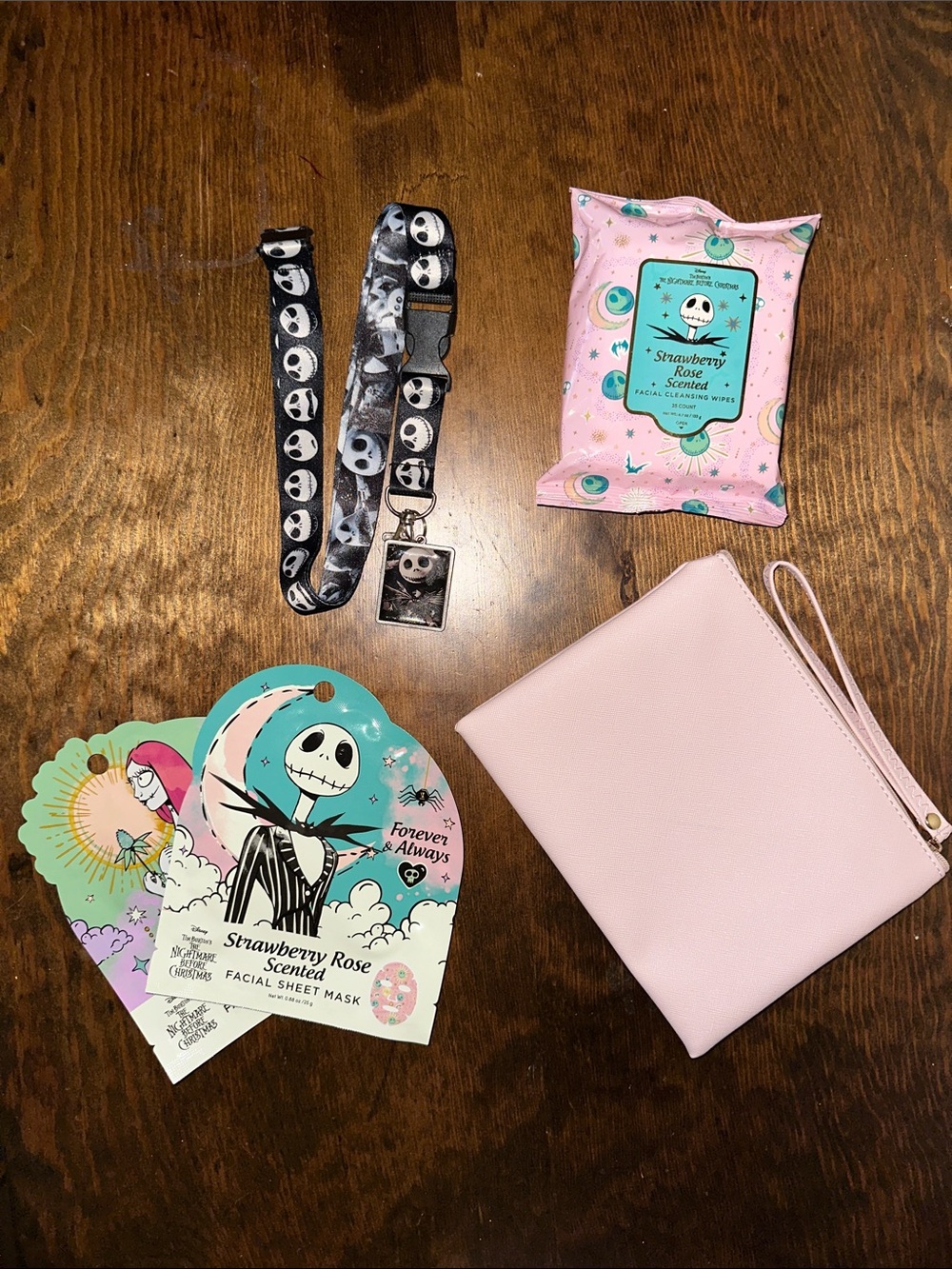 Disney Pink Wristlet Pouch with Jack Skellington Lanyard and Themed Face Masks